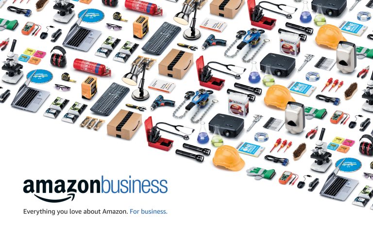 Amazon Business advertisement featuring arranged office and workplace products on white background