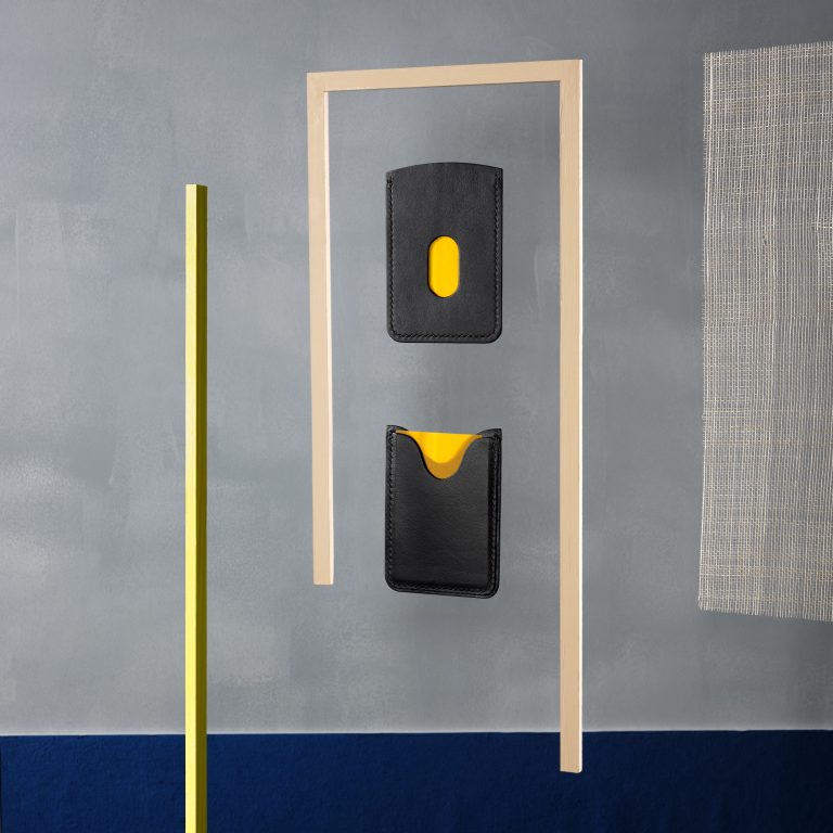 Mark Tallowin Lake & Vale leather accessories displayed within architectural studio set