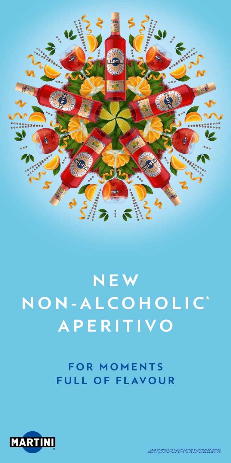 Martini bottles with “non-alcoholic aperitivo” text on blue background