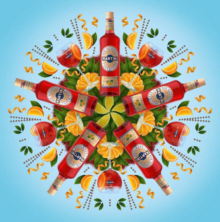 Red Martini bottles in kaleidoscopic citrus composition, commercial drinks photography