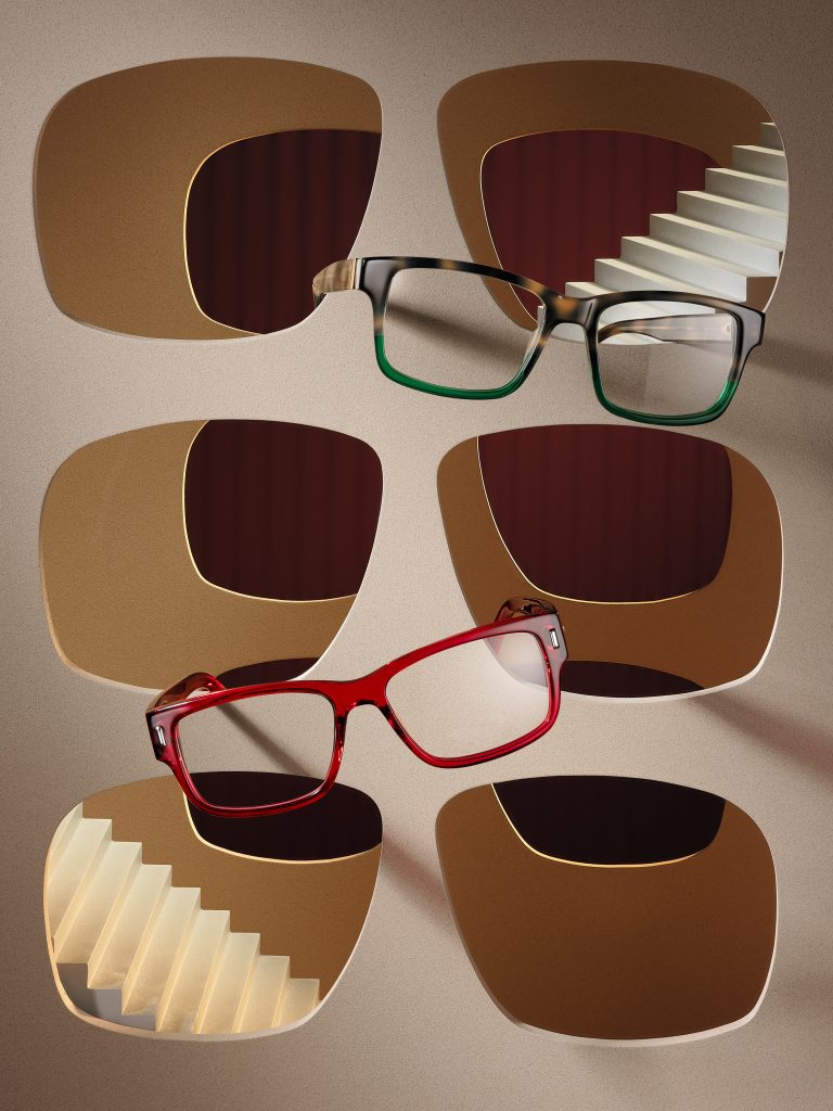 Tom Davies eyewear glasses arranged within graphic sculptural set with coloured frames