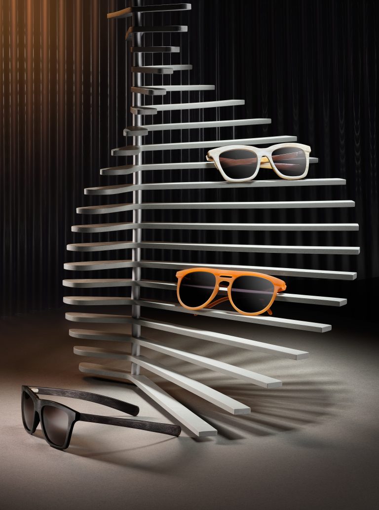 Tom Davies sunglasses arranged on stepped sculptural structure in studio still life